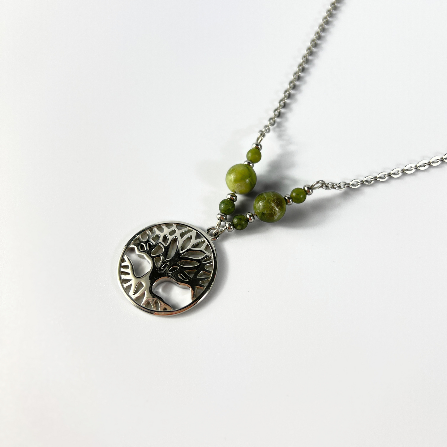 Tree of life pendant necklace, Green Jade beads
