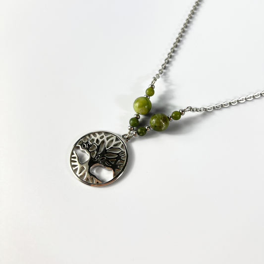 Tree of life pendant necklace, Green Jade beads