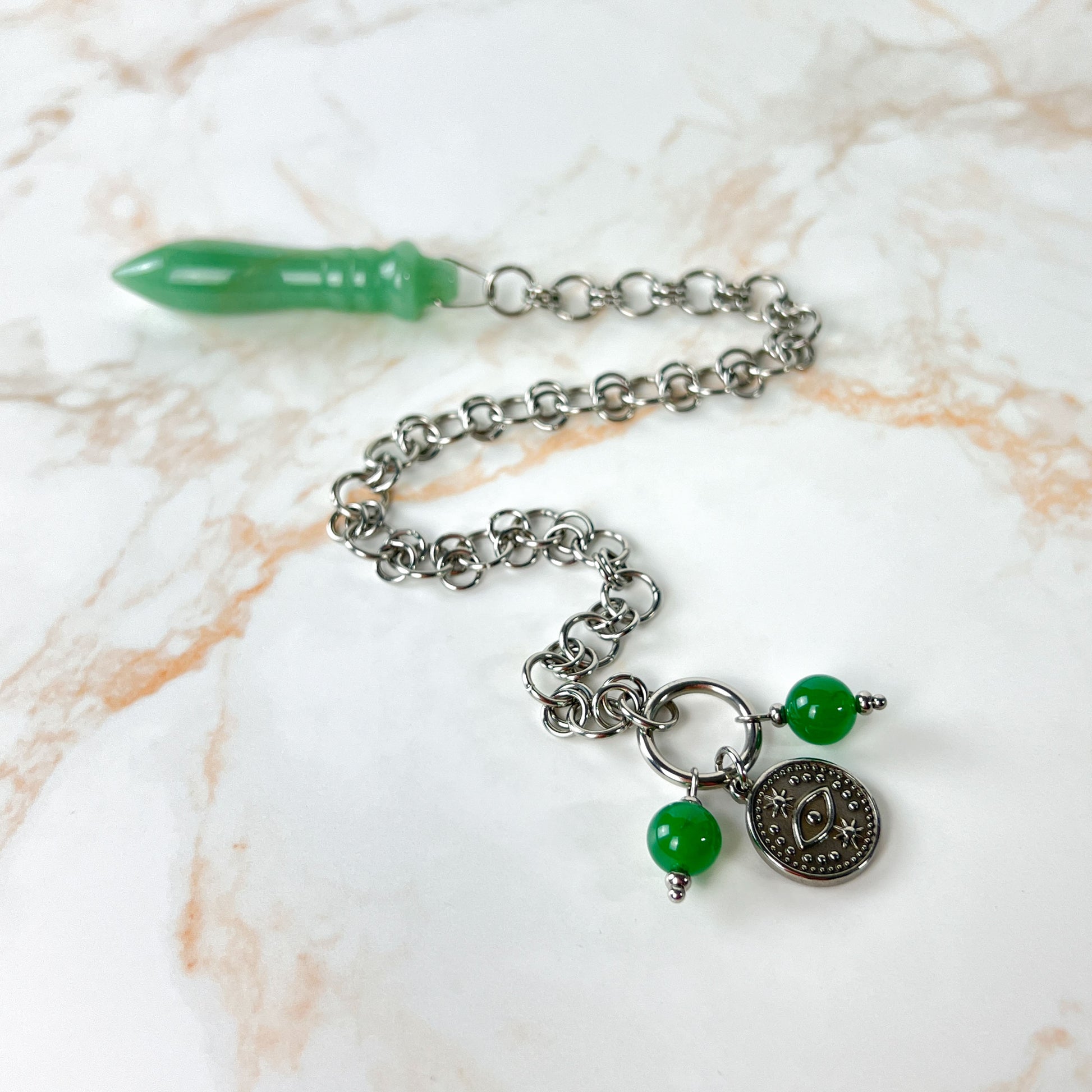 Egyptian Thot pendulum aventurine chainmail, third eye charm and stainless steel Baguette Magick