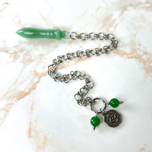 Egyptian Thot pendulum aventurine chainmail, third eye charm and stainless steel Baguette Magick