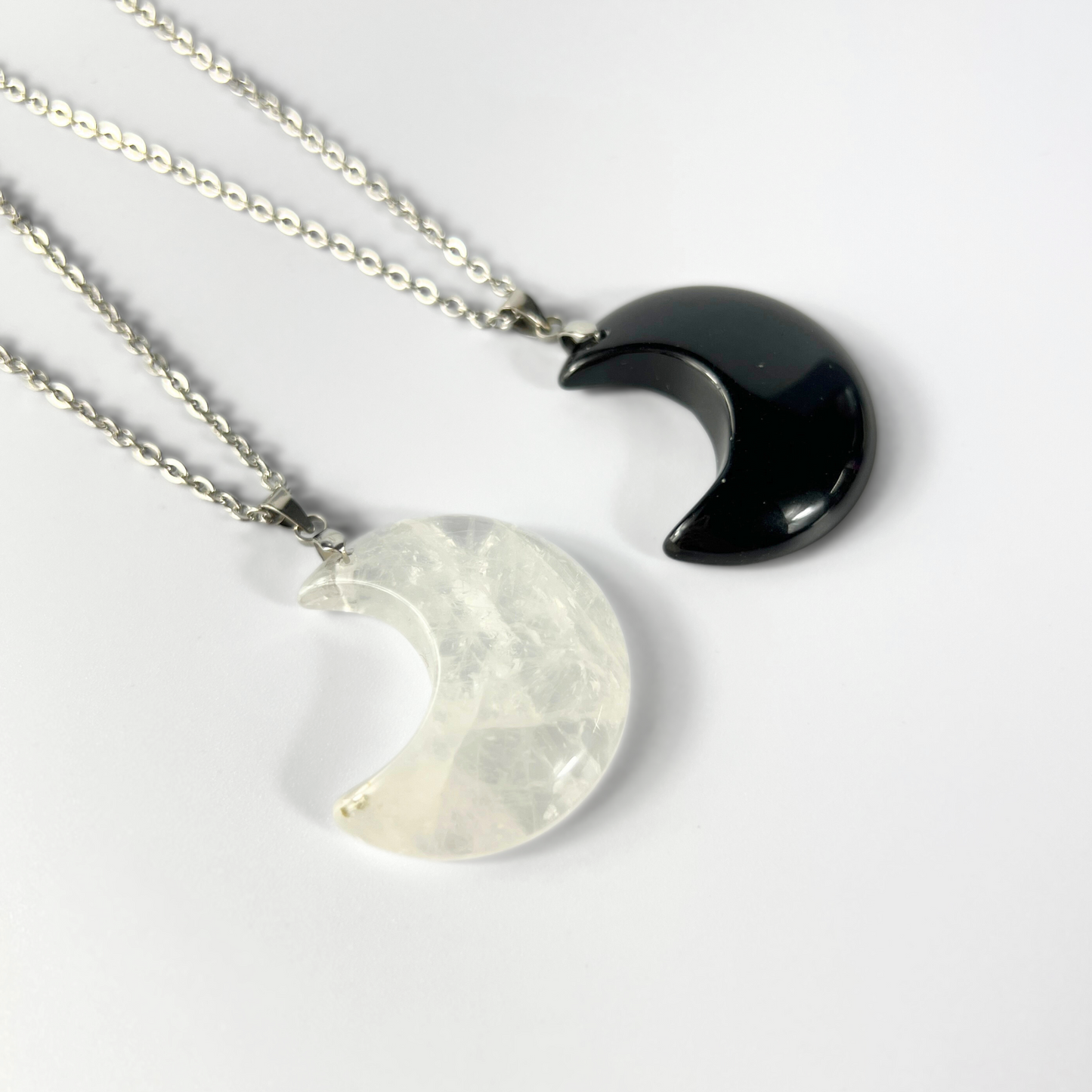 Moon crescent clear quartz or obsidian pendant necklace