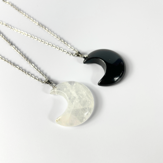 Moon crescent clear quartz or obsidian pendant necklace