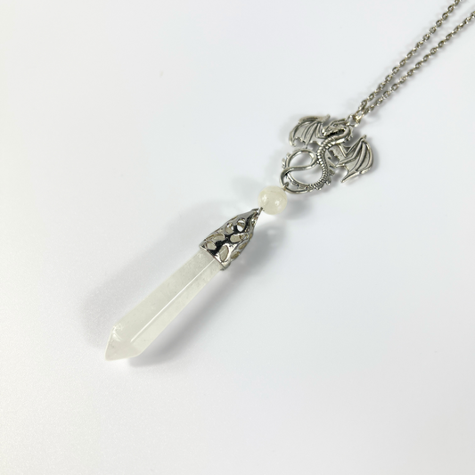 Collier pendule dragon et quartz clair
