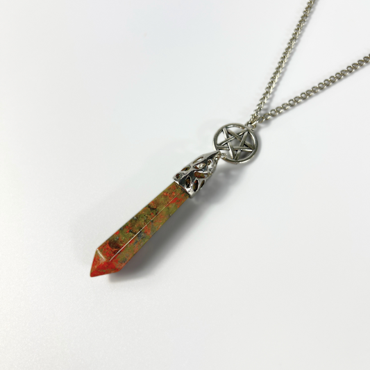 Unakite and pentacle pendulum necklace