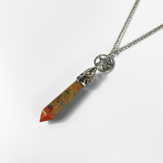 Unakite and pentacle pendulum necklace