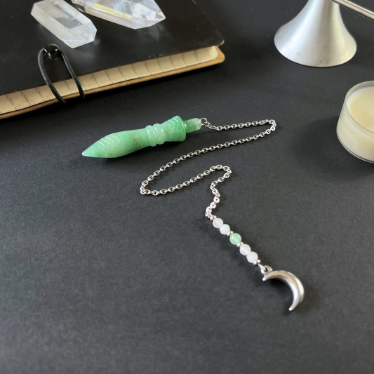 Pendule égyptien Thot gravé, aventurine, quartz rose, breloque croissant de lune