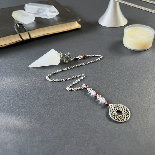 Quartz, garnet sacred geometry pendulum