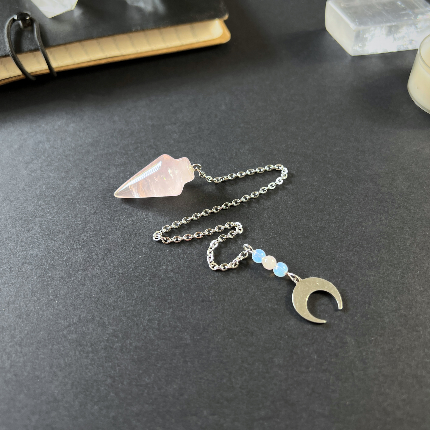 Rose quartz and opalite dowsing pendulum, pocket size, horn charm