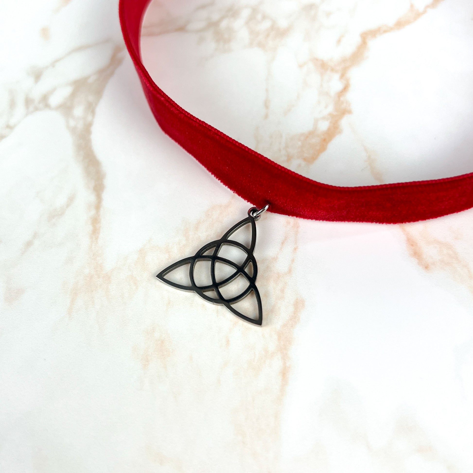Red velvet and Triquetra Victorian Gothic choker, stainless steel Baguette Magick