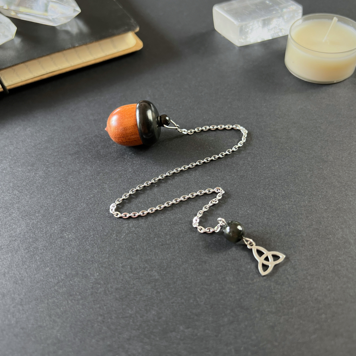 Acorn chamber pendulum, Ebony, Rainbow Obsidian