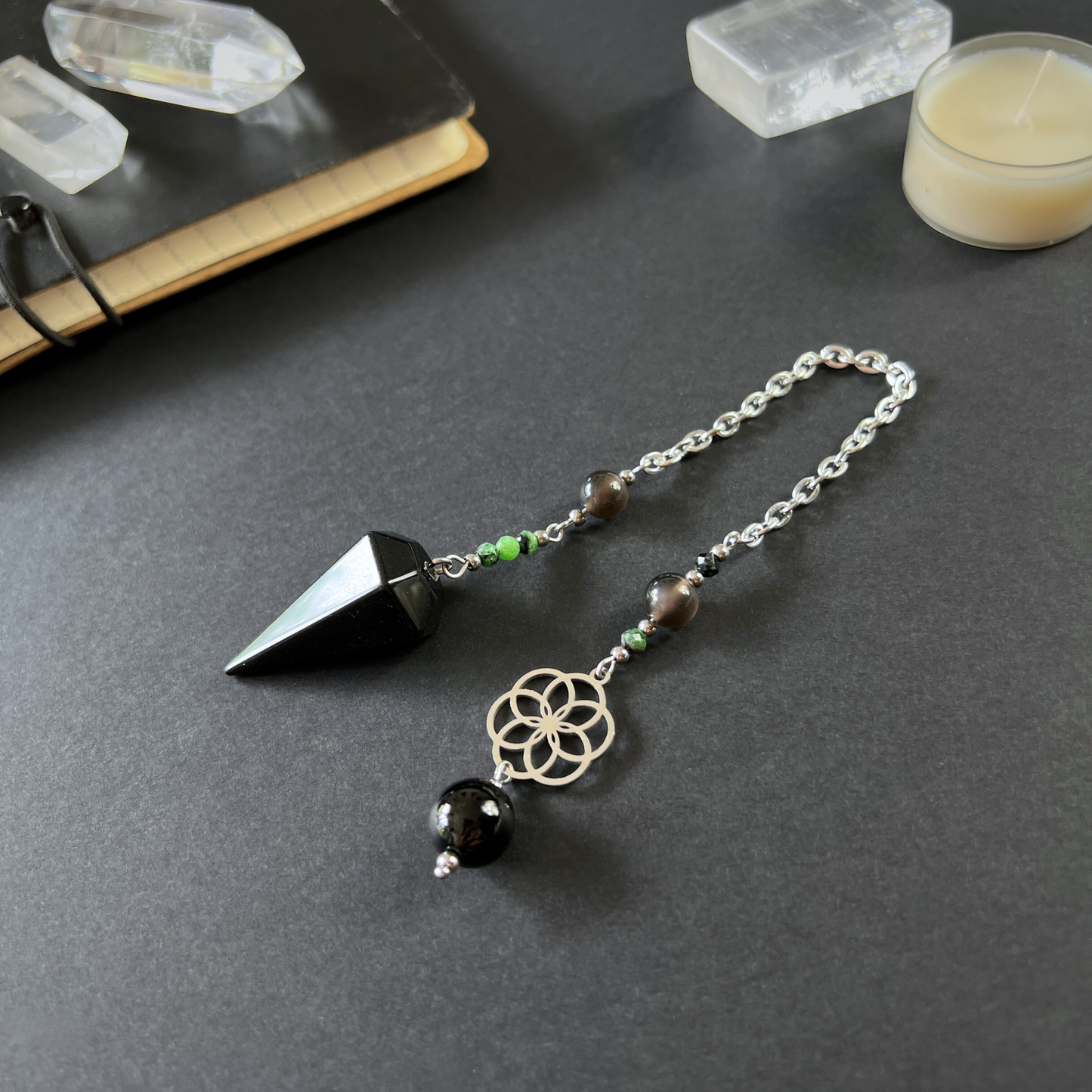 Obsidian, Ruby Zoisite & Onyx Dowsing Pendulum, with flower of life charm