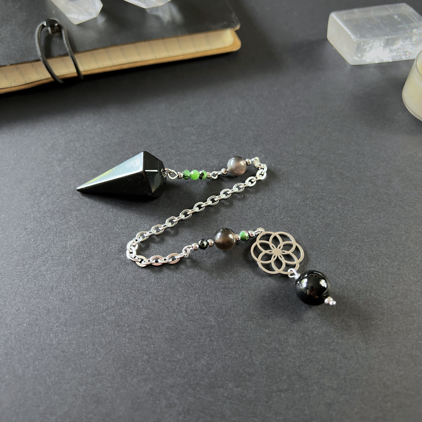 Obsidian, Ruby Zoisite & Onyx Dowsing Pendulum, with flower of life charm