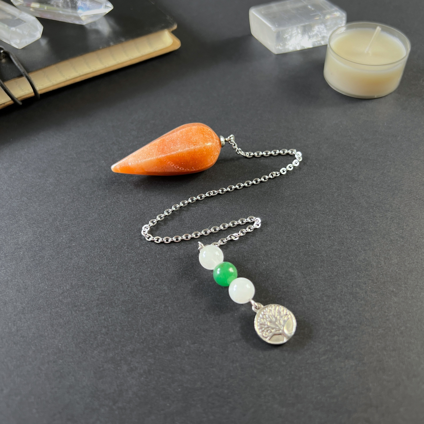 Orange and green aventurine, clear quartz, and tree of life pendulum Baguette Magick
