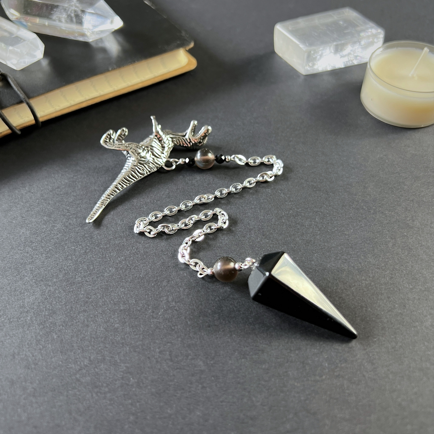 Velociraptor dinosaur dowsing pendulum, obsidian, smoky obsidian, onyx Baguette Magick