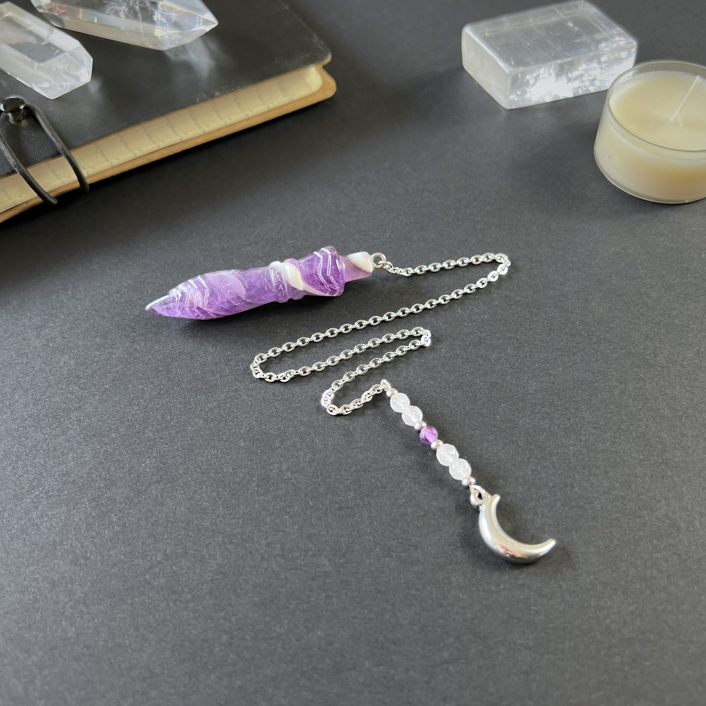 Engraved Egyptian Thot pendulum, Amethyst, Rose Quartz, Moon crescent charm