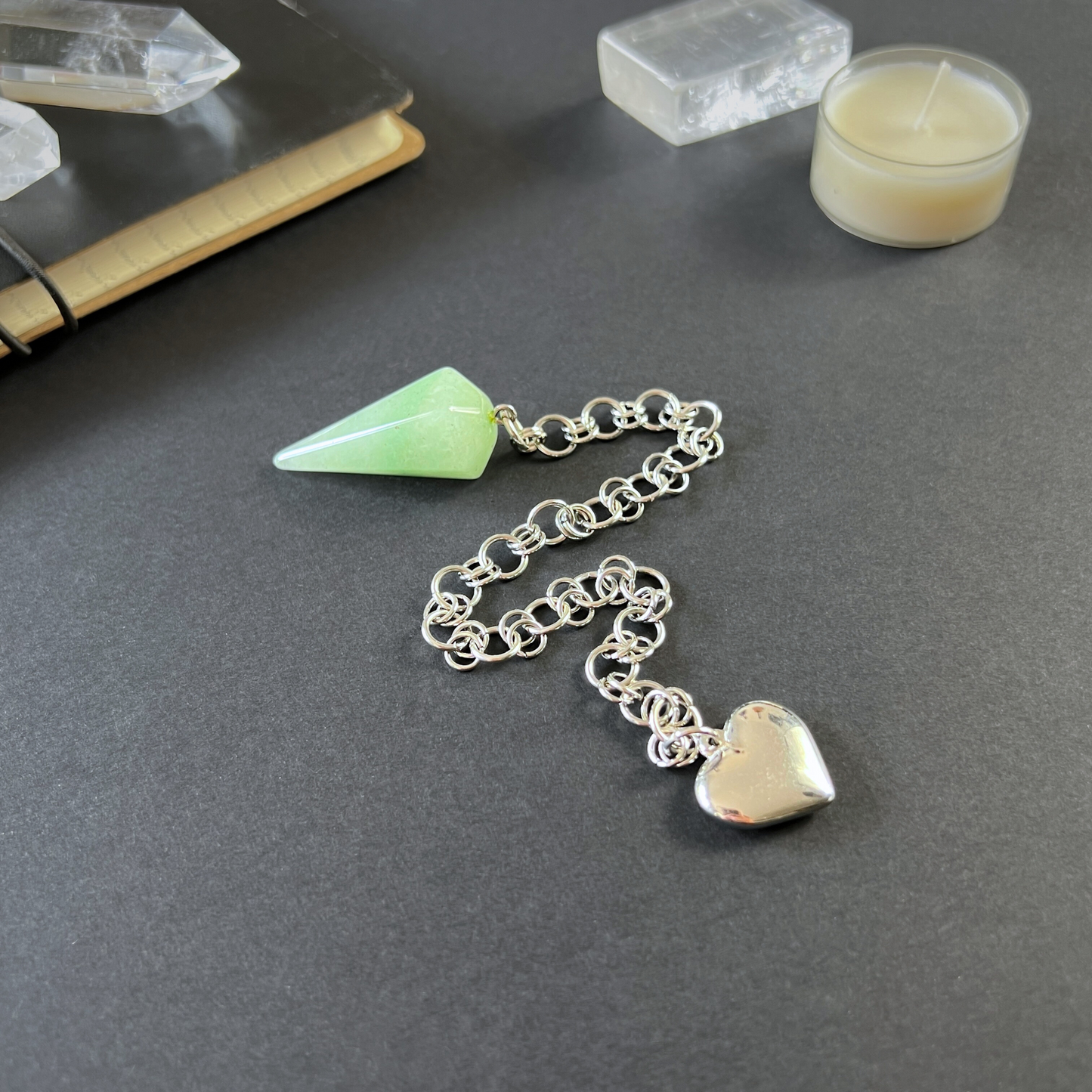 Puffy heart and aventurine gemstone chainmail pendulum