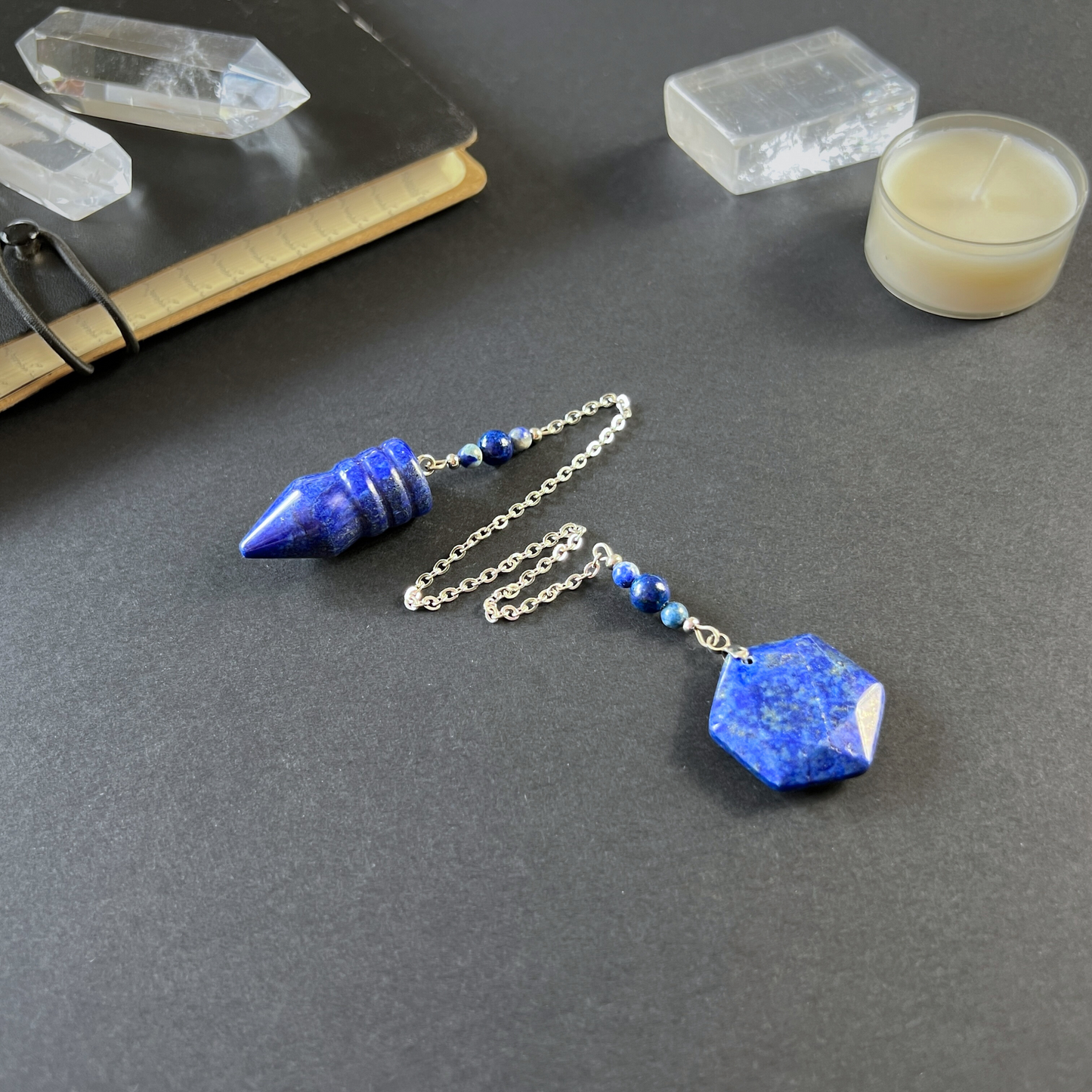 Bullet-shaped Lapis Lazuli pendulum, with a hexagonal gem
