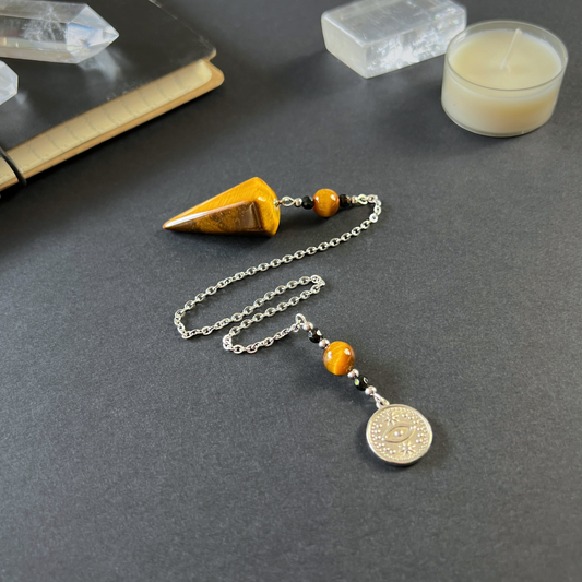 Tiger eye and onyx dowsing pendulum with a third eye charm Baguette Magick