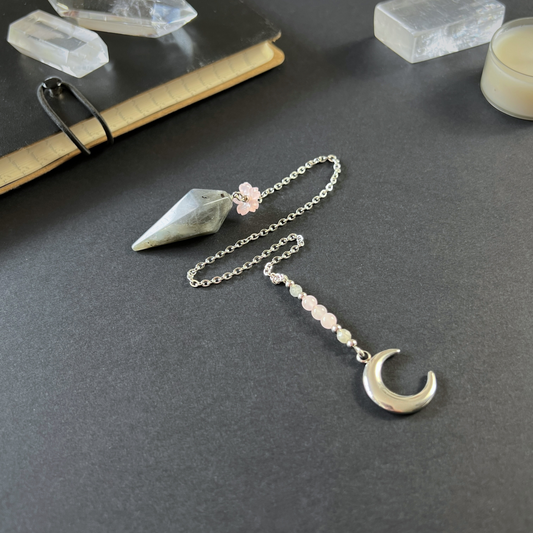 Pendule Sakura Lune en labradorite et quartz rose