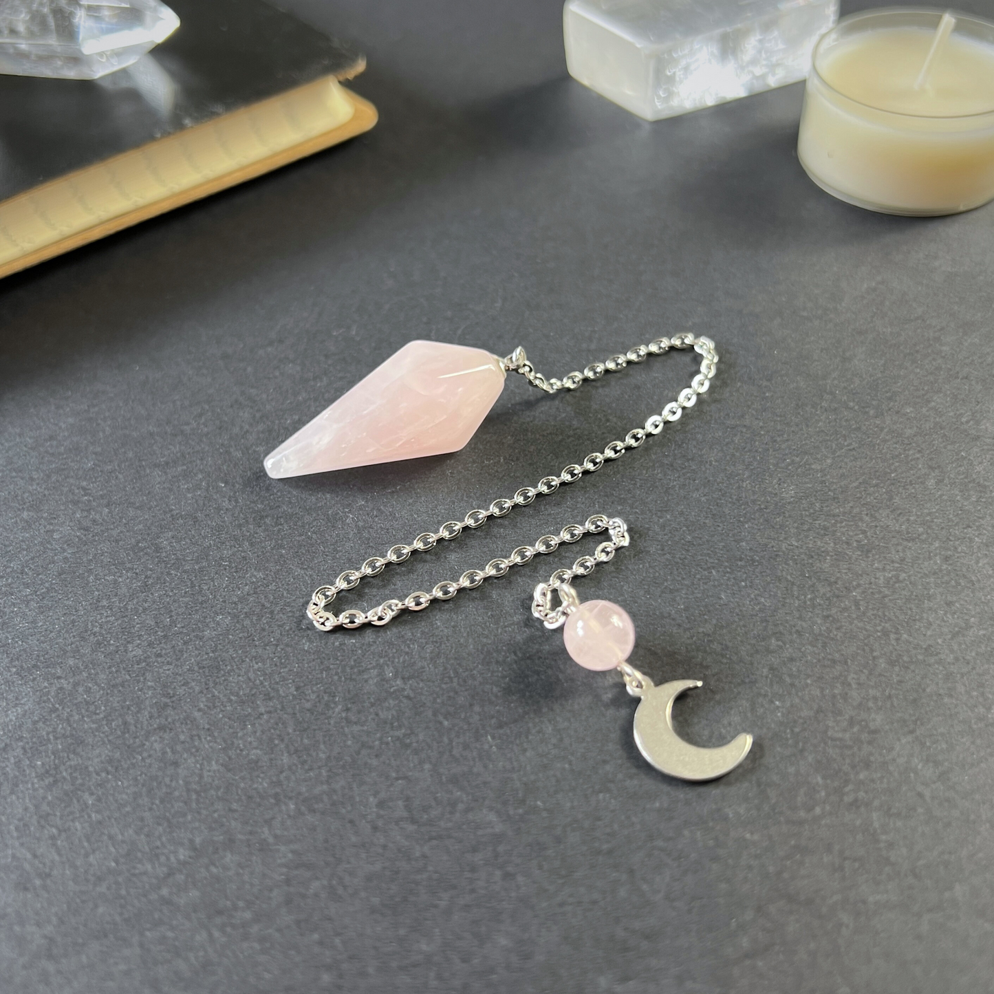 Rose quartz and crescent moon pendulum