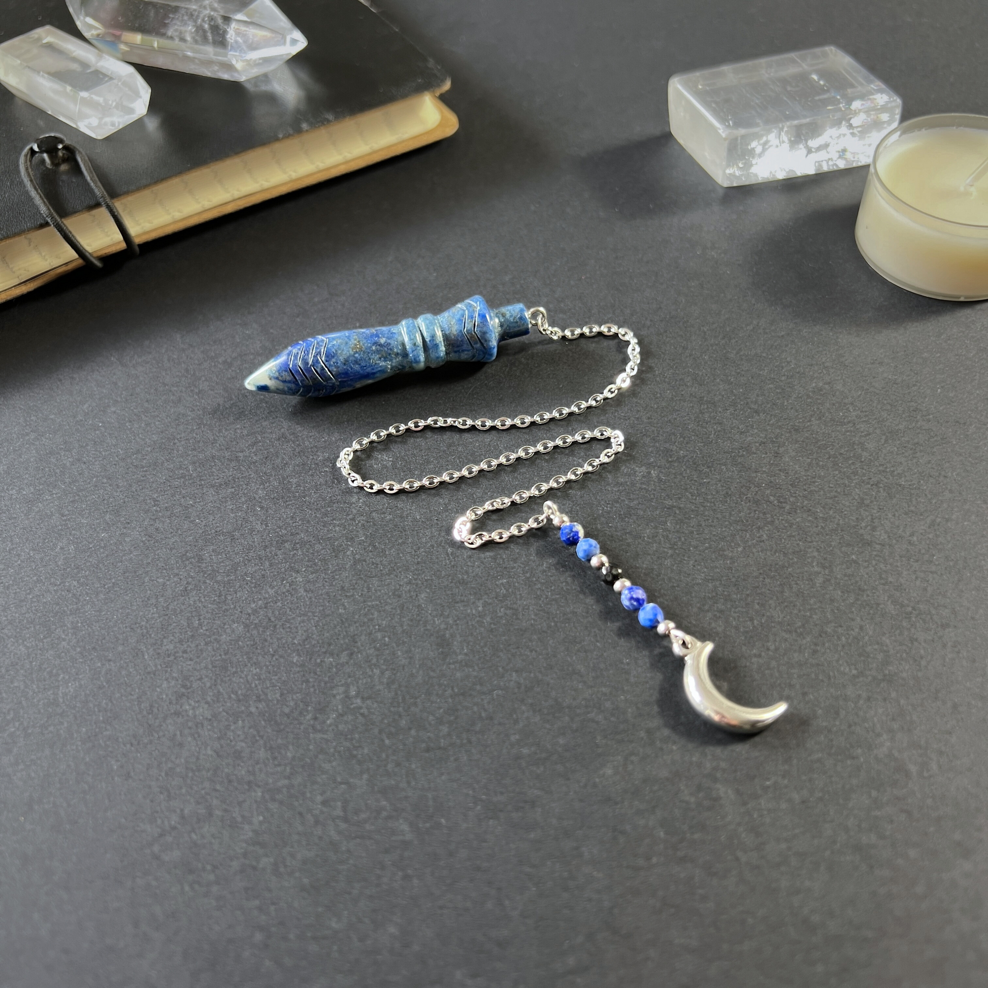 Engraved Egyptian Thot pendulum, lapis lazuli, onyx, Moon crescent charm Baguette Magick
