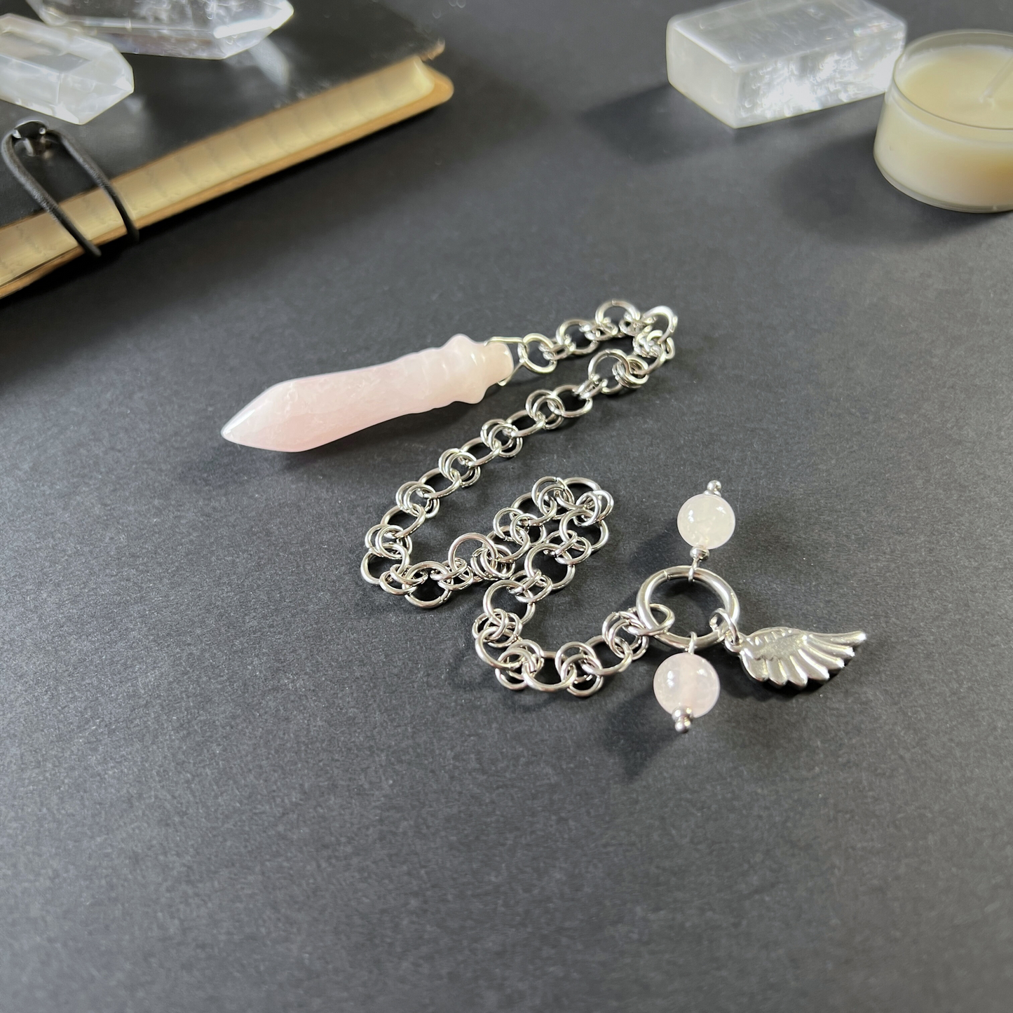 Egyptian Thot pendulum rose quartz chainmail, wing
