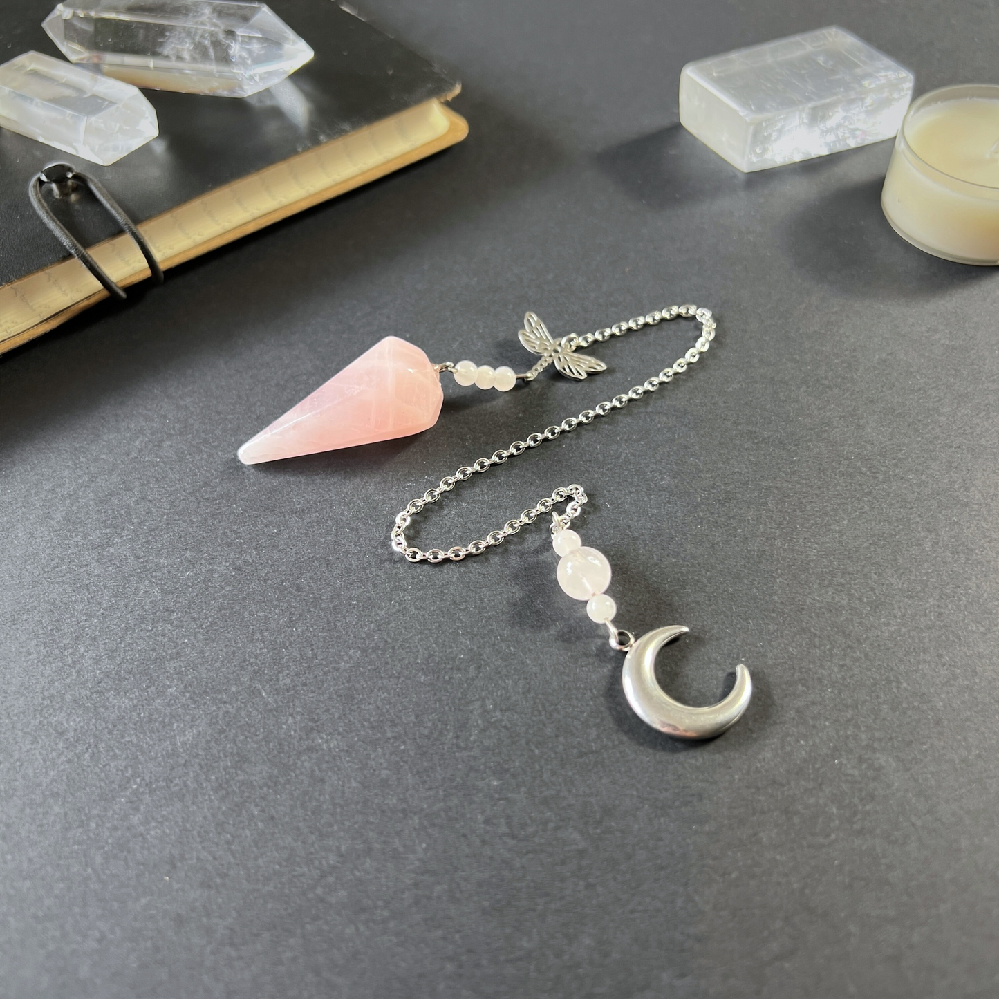 Rose quartz, Dragonfly and Moon crescent pendulum