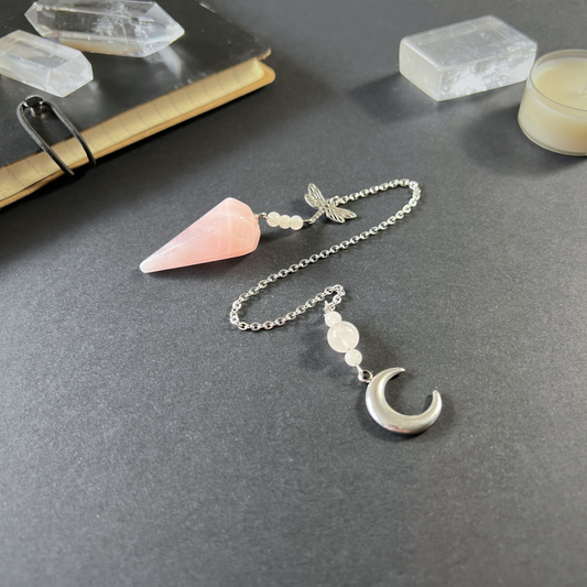 Rose quartz, Dragonfly and Moon crescent pendulum