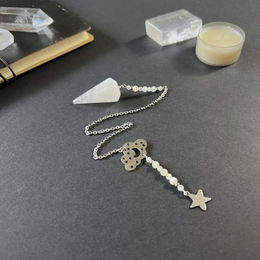 Celestial gemstone pendulum, quartz, moonstone, morganite