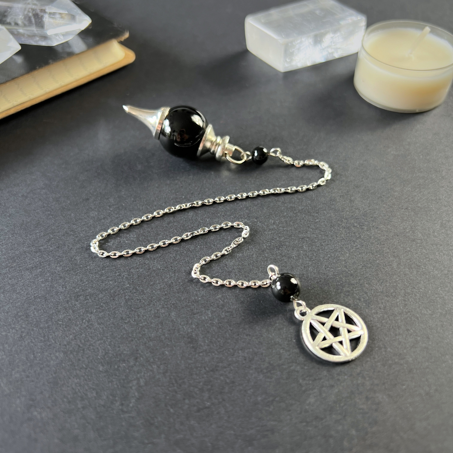 Obsidian and pentacle Sephoroton dowsing pendulum