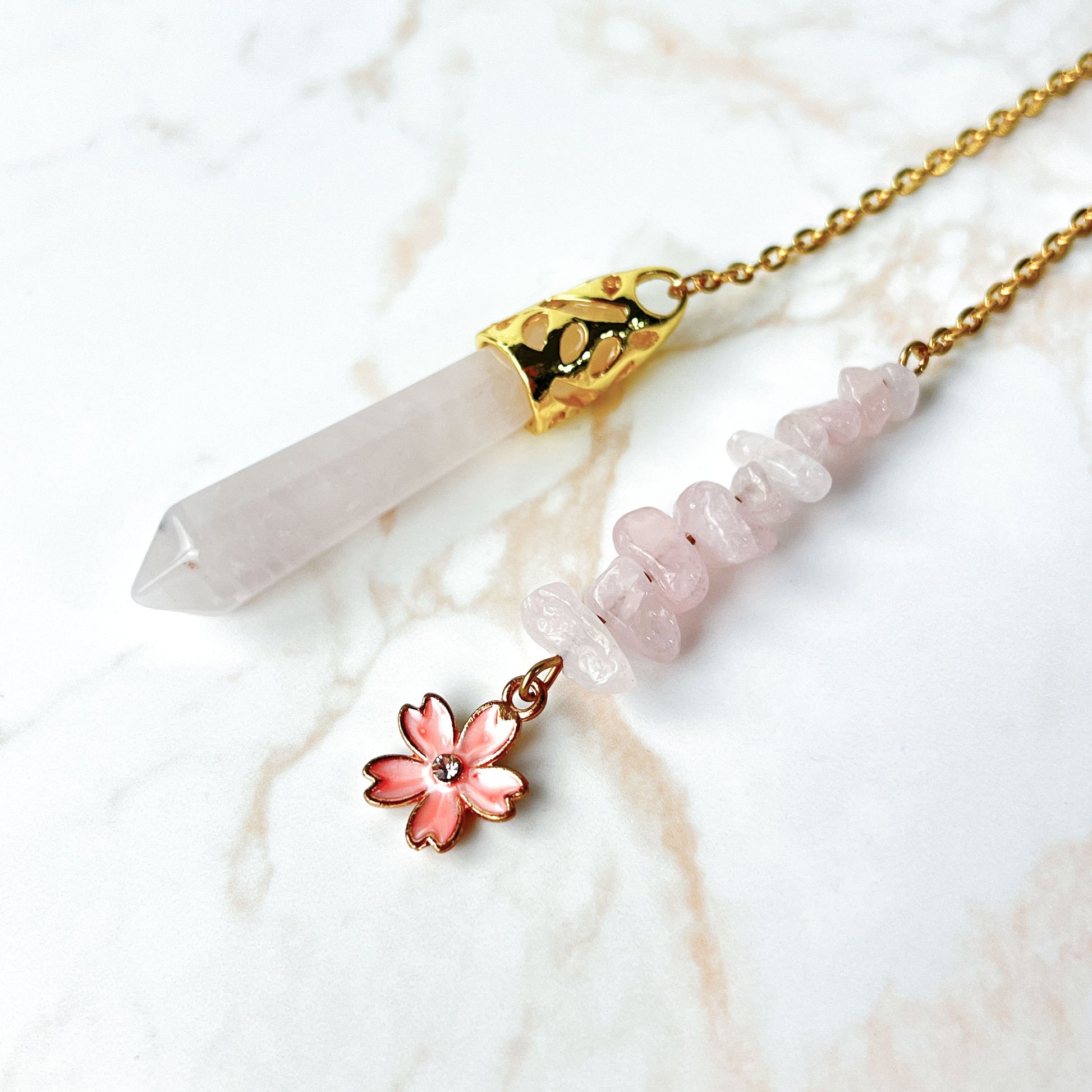 Golden Rose quartz sakura flower pendulum Baguette Magick