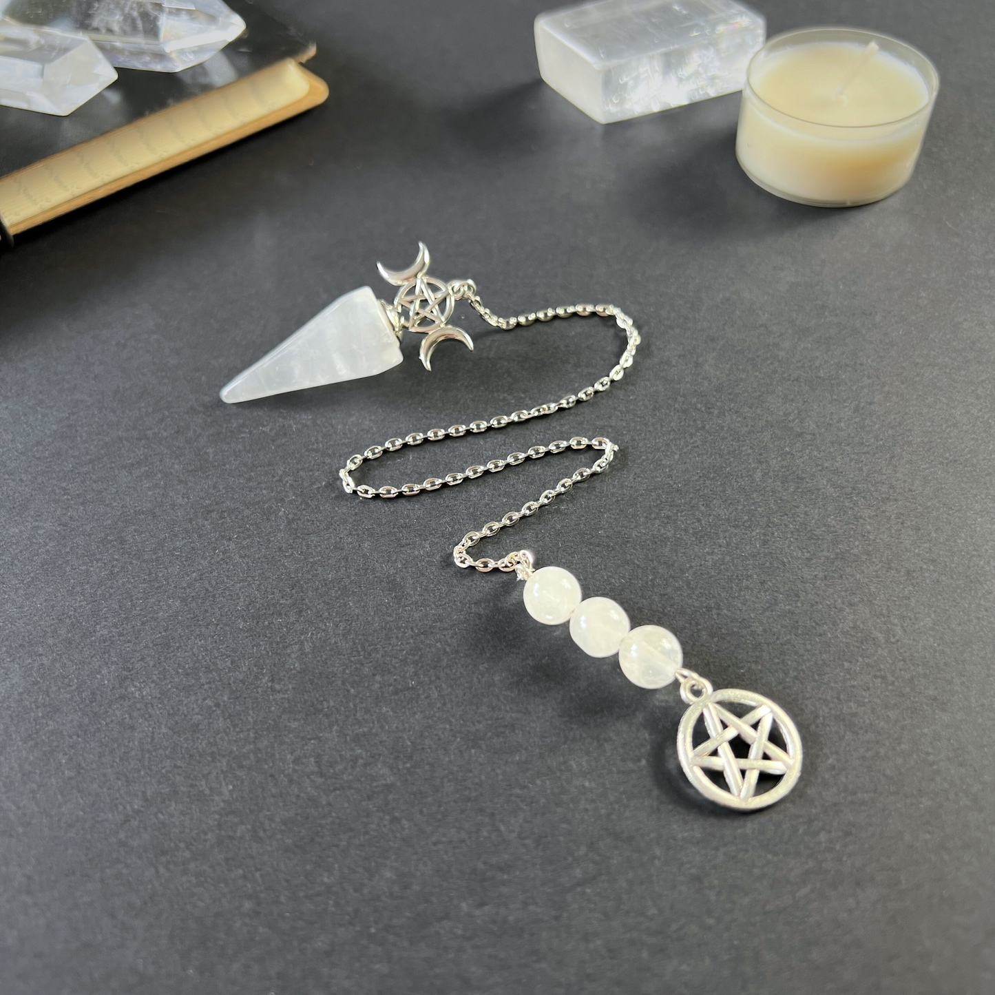 Triple Moon and Pentacle dowsing pendulum clear quartz or amethyst Baguette Magick