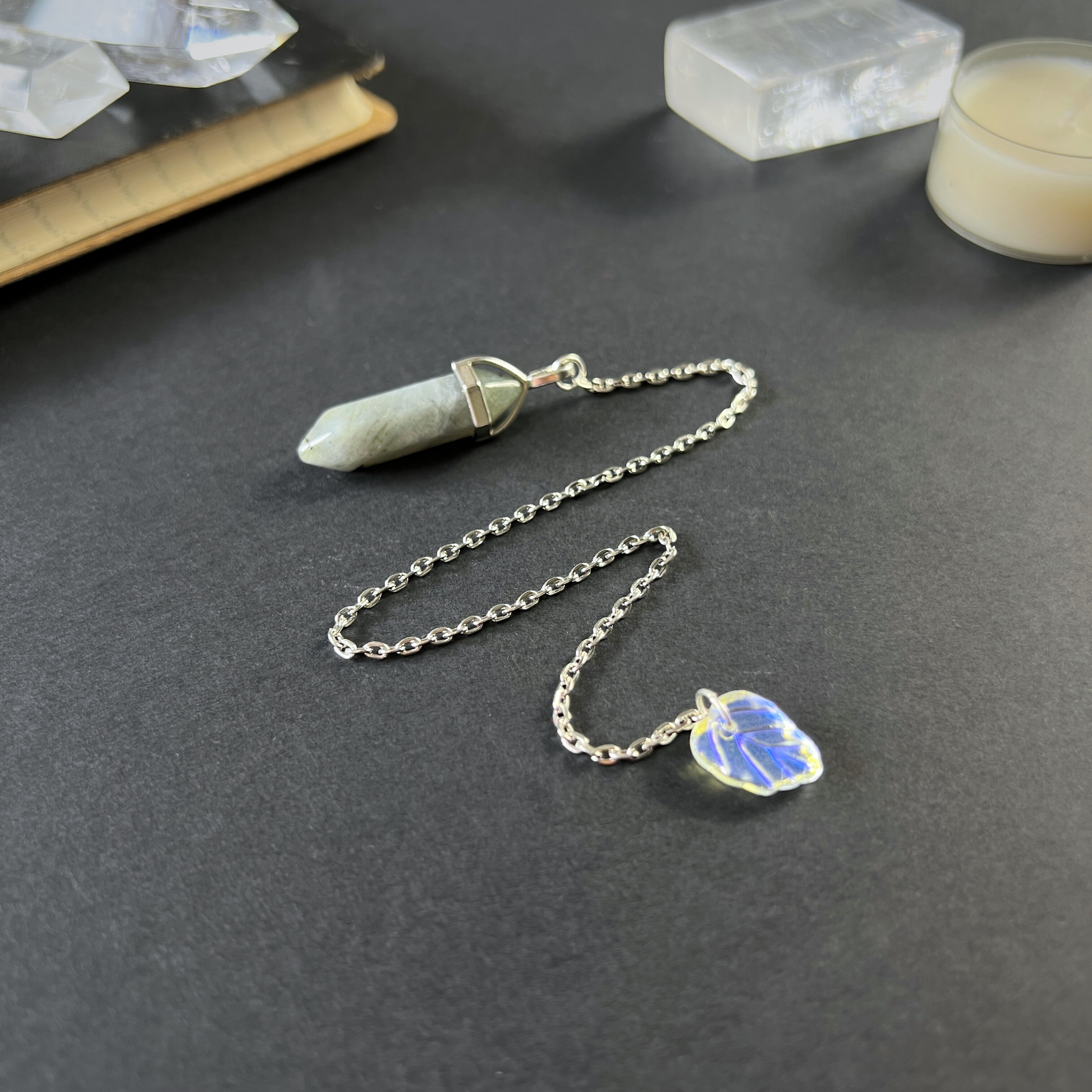 Labradorite and white leaf dowsing divination pendulum Baguette Magick
