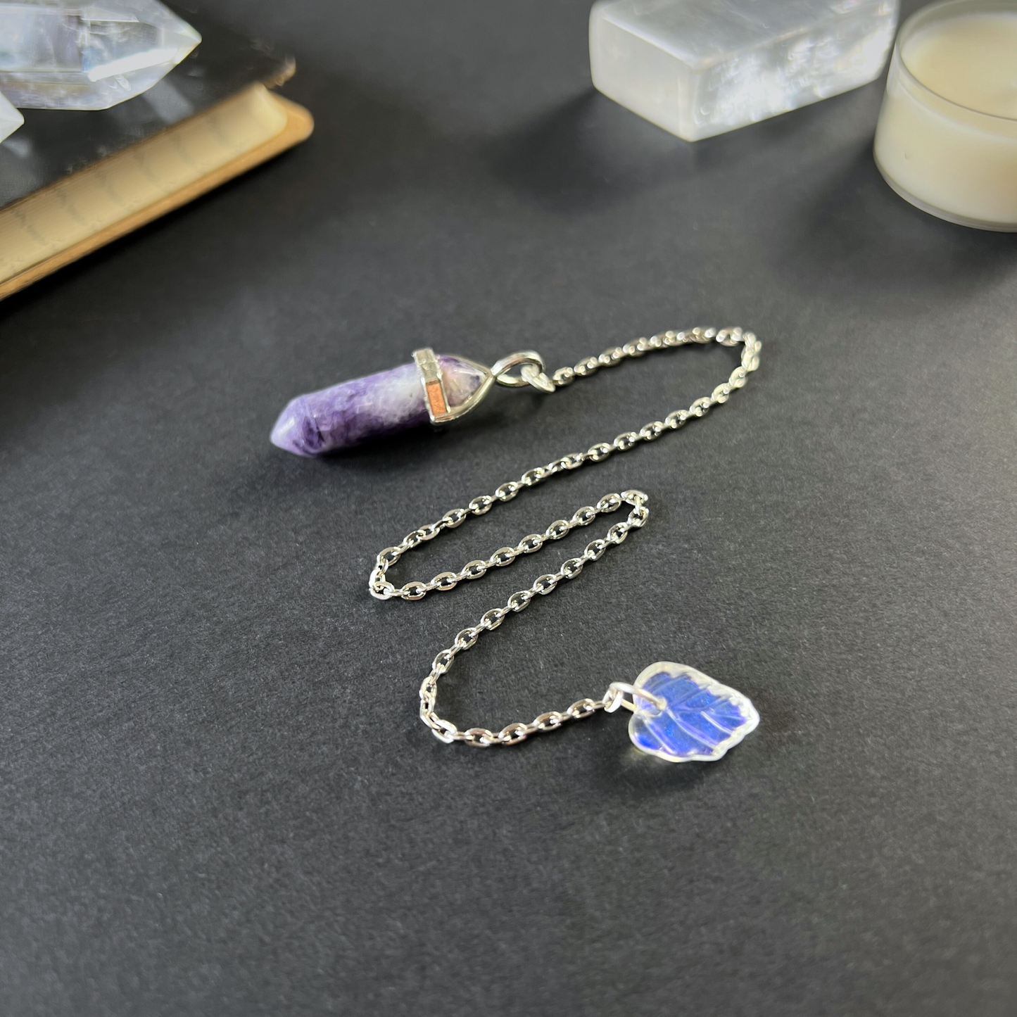 Charoite and leaf dowsing divination pendulum