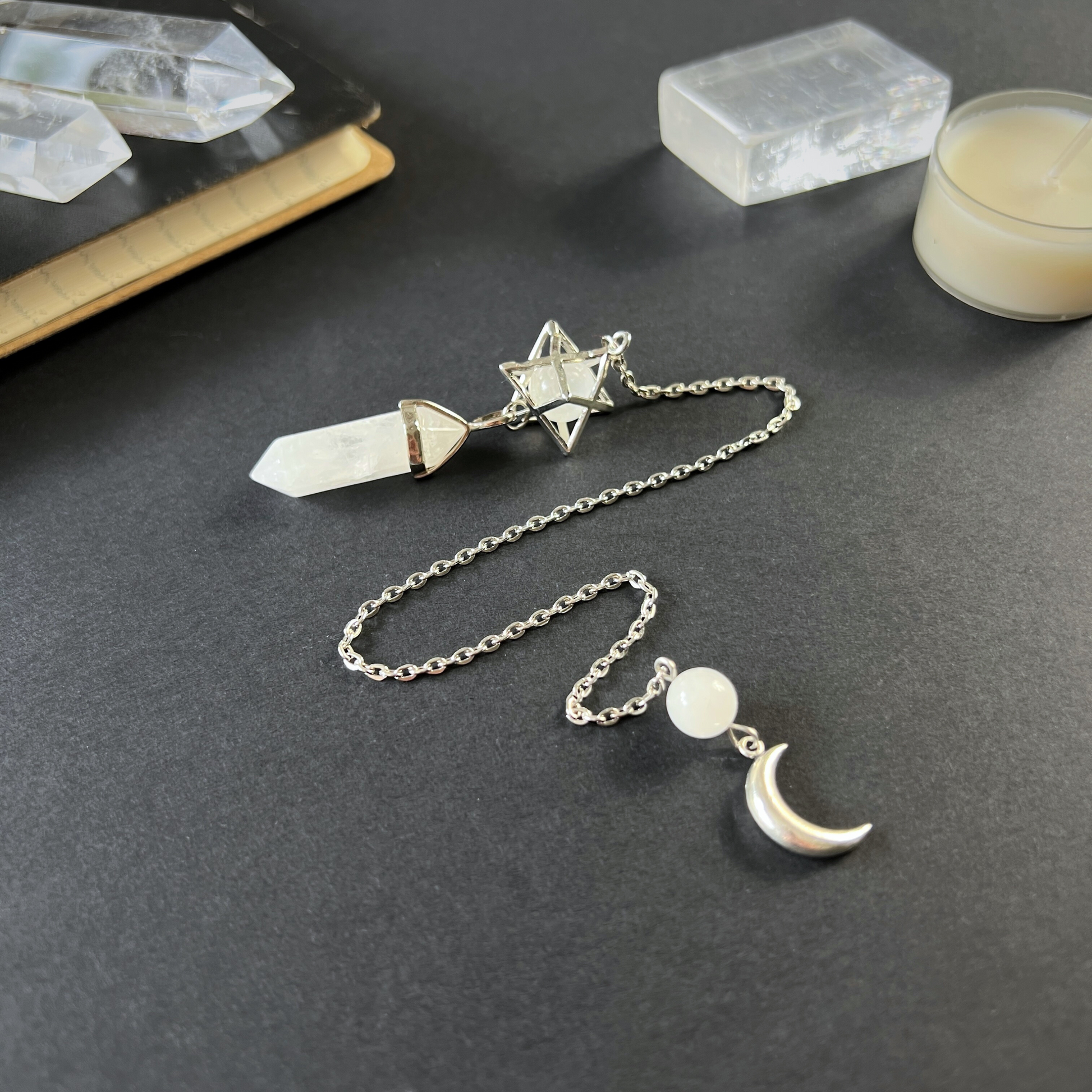Clear quartz Merkaba and Moon crescent divination pendulum Baguette Magick