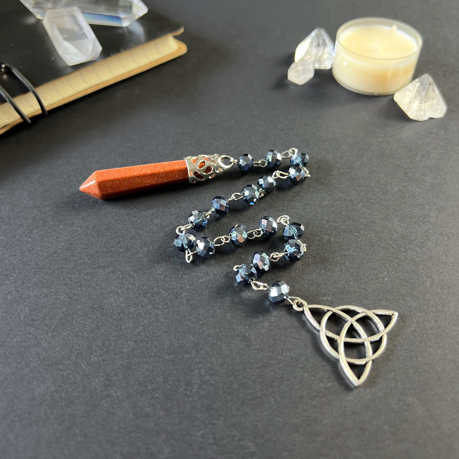 Goldstone pendulum, rosary chain and triquetra charm Baguette Magick