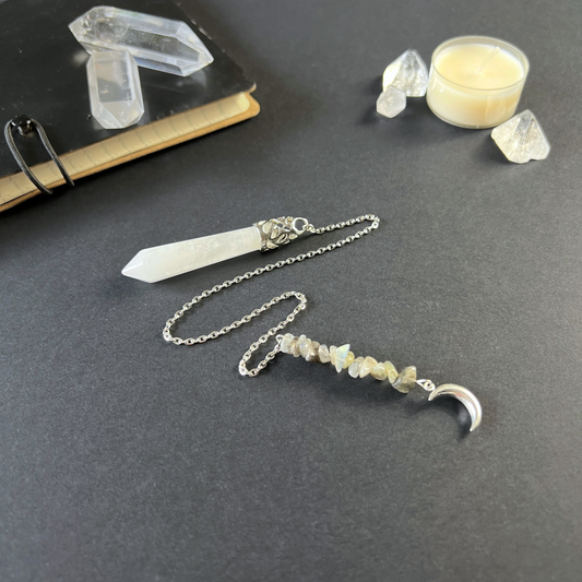 Clear quartz and labradorite Moon crescent dowsing pendulum Baguette Magick