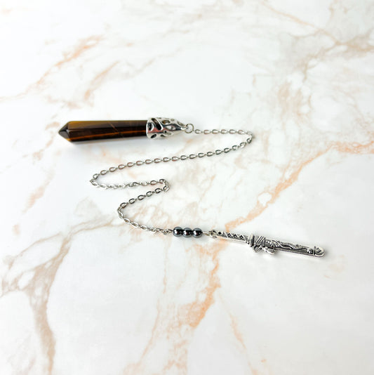 Tiger eye, hematite and tanto dagger pendulum Baguette Magick