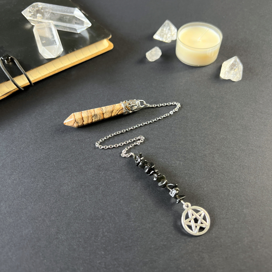Picture jasper and raw obsidian pentacle pendulum