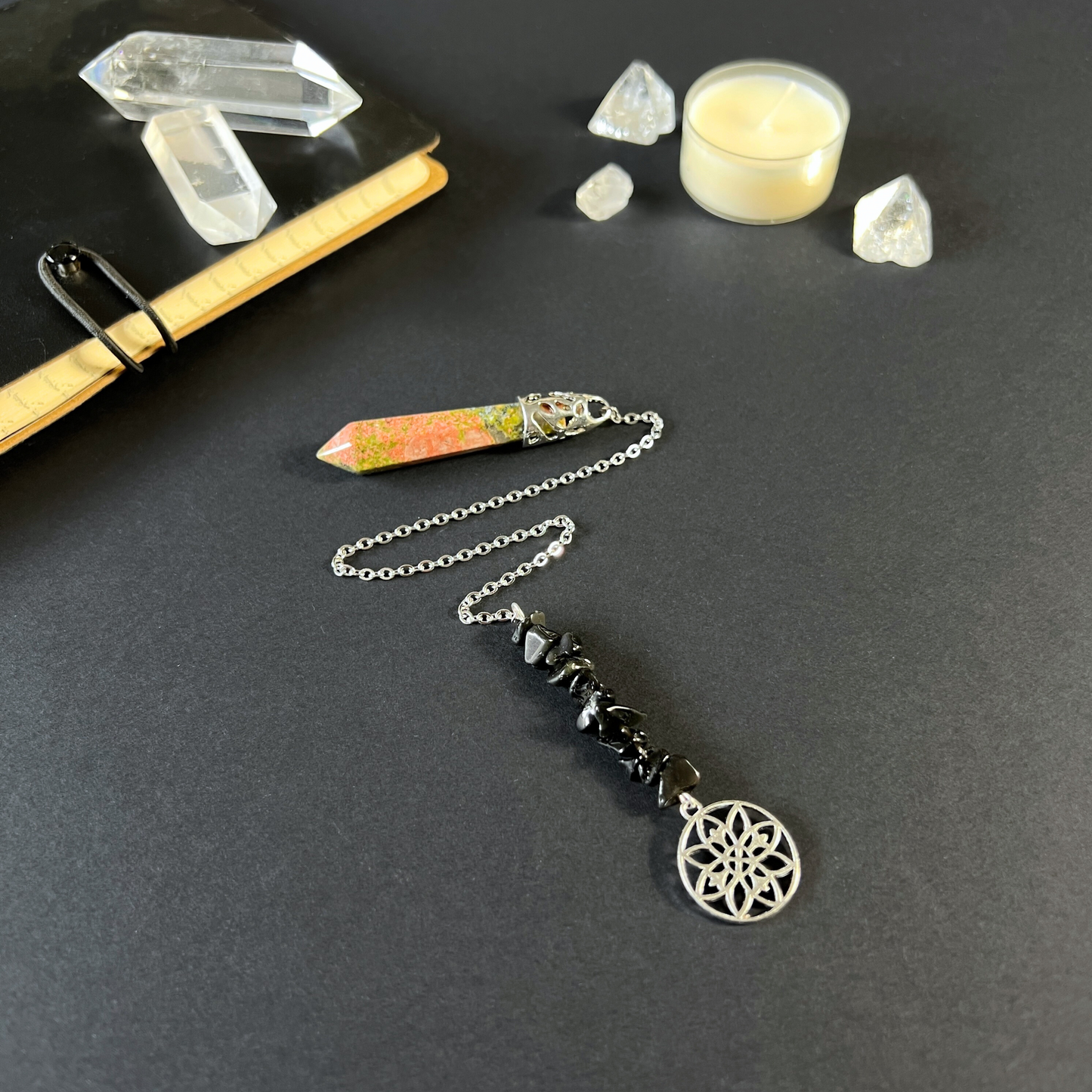 Unakite and obsidian beads geometric flower pendulum