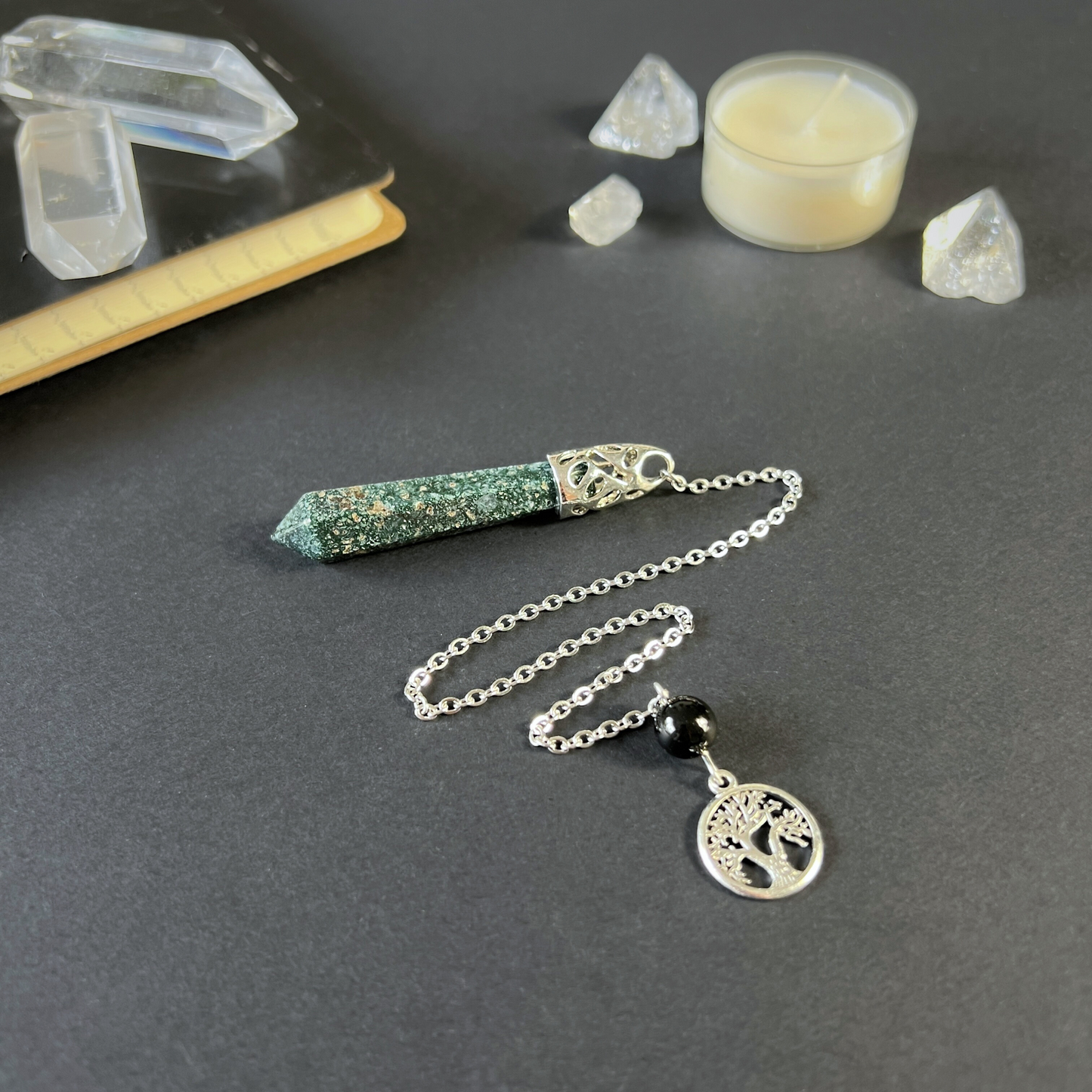 Moss agate, obsidian and tree of life dowsing pendulum Baguette Magick