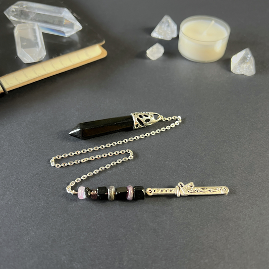 Onyx, obsidian and amethyst pendulum with a tanto dagger charm Baguette Magick