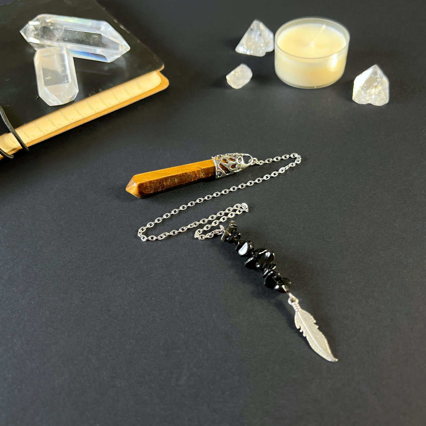Tiger eye, obsidian and feather pendulum