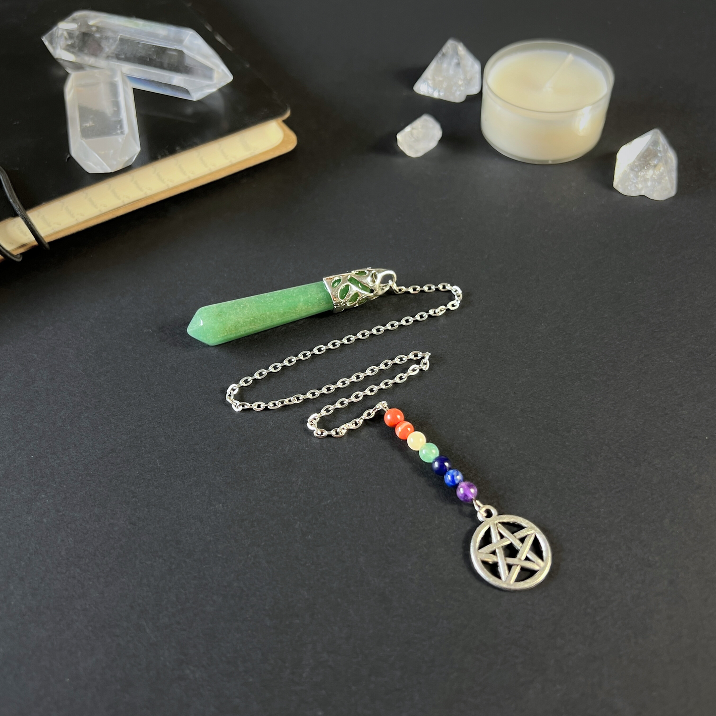 7 chakras aventurine pendulum with a pentacle