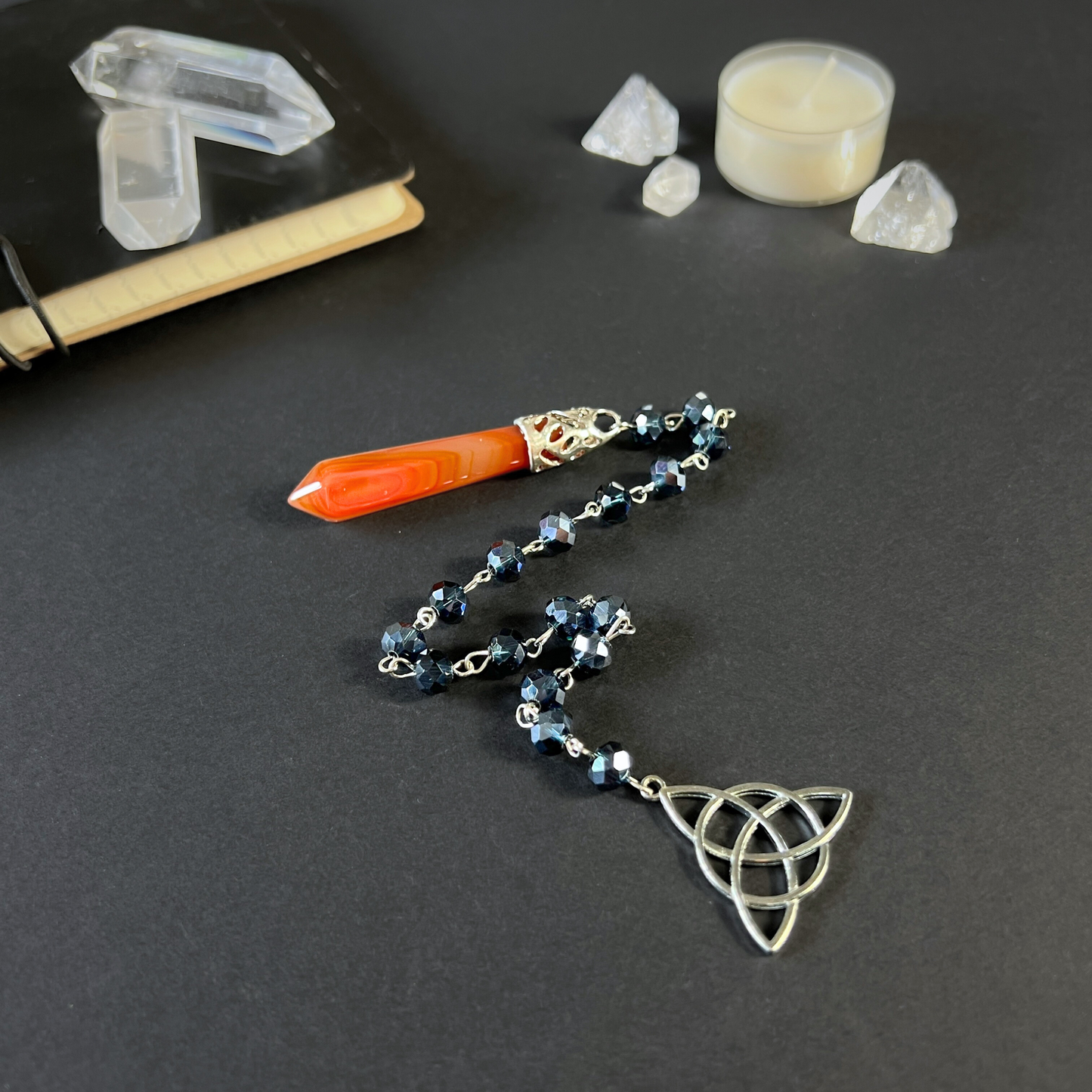 Carnelian gemstone pendulum, rosary chain and triquetra charm Baguette Magick