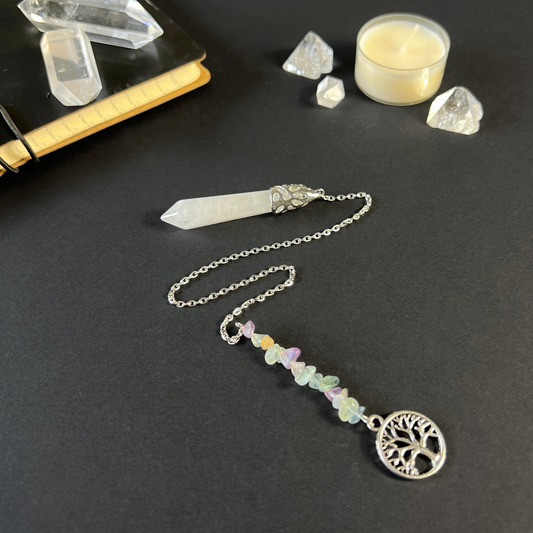 Clear quartz, fluorite and tree of life pendulum