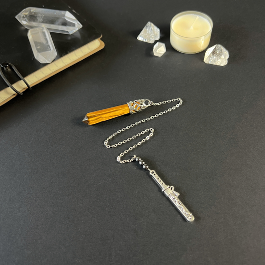 Tiger eye, hematite and tanto dagger pendulum