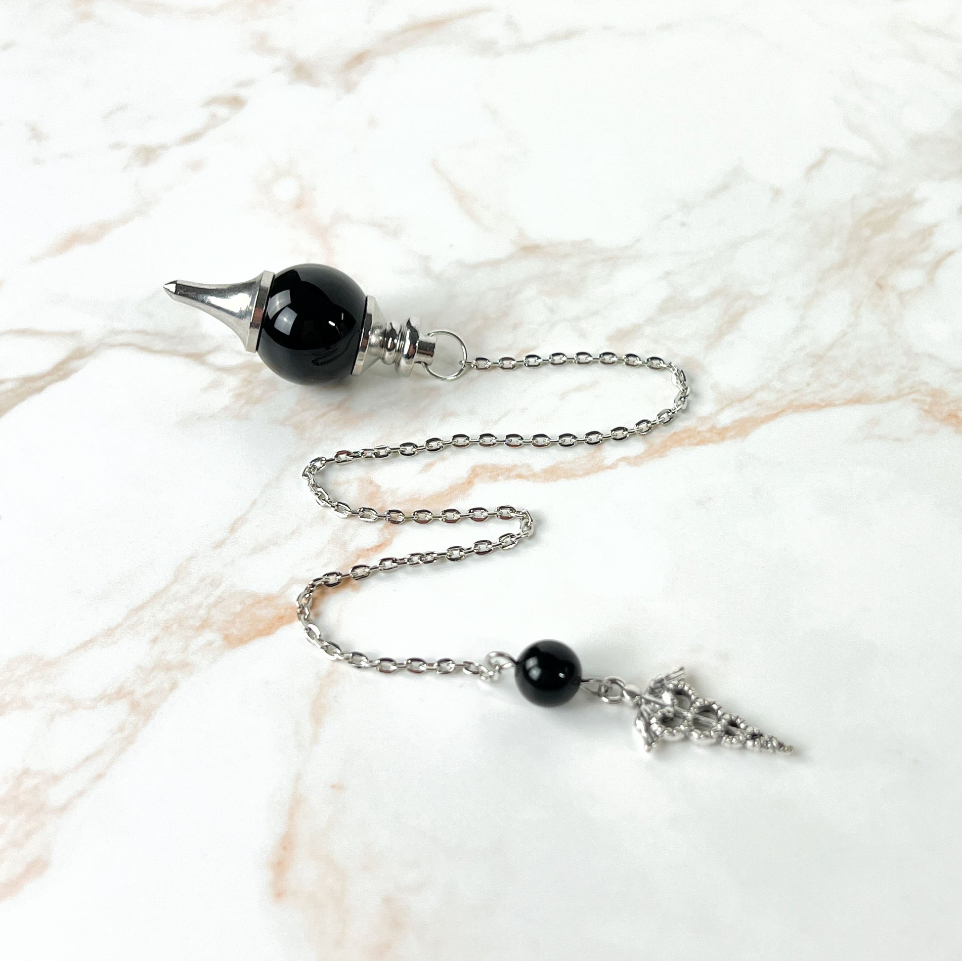 Black agate, obsidian and caduceus Sephoroton dowsing pendulum Baguette Magick