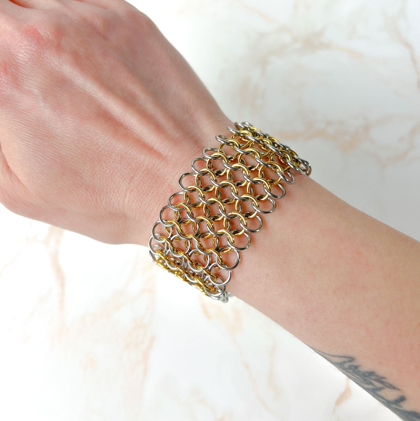 Chainmail bracelet European 4 in 1 stainless steel and 18k gold plated cuff Baguette Magick