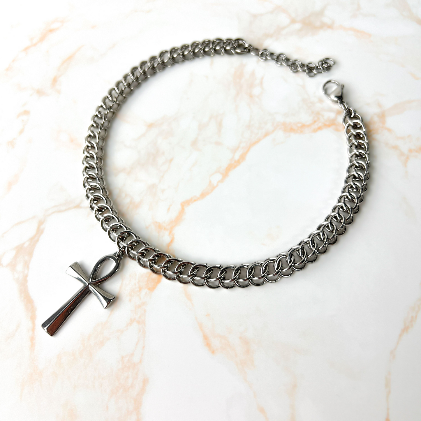 Half Persian chainmail choker with an Ankh pendant, Egyptian cross, necklace Baguette Magick
